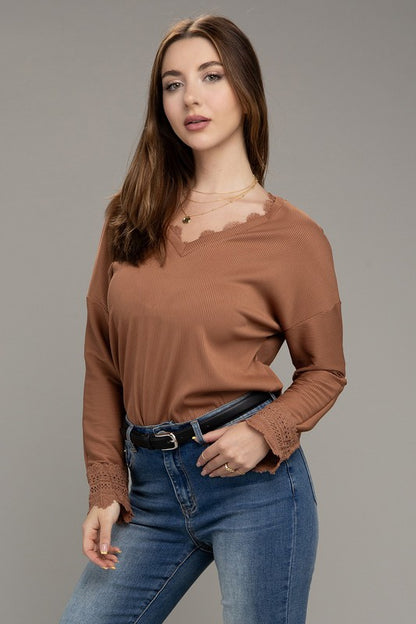 Lace Trim V Neck Long Sleeve