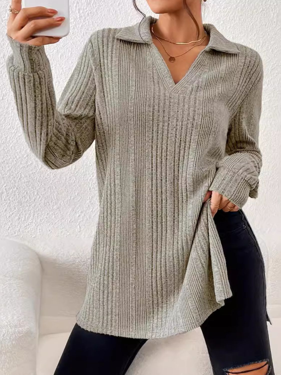 Slit Johnny Collar Long Sleeve Top