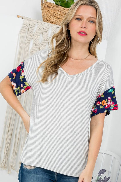 PLUS STRIPE FLORAL MIXED BOXY TOP