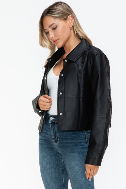 Snap Down Long Sleeve PU Leather Jacket