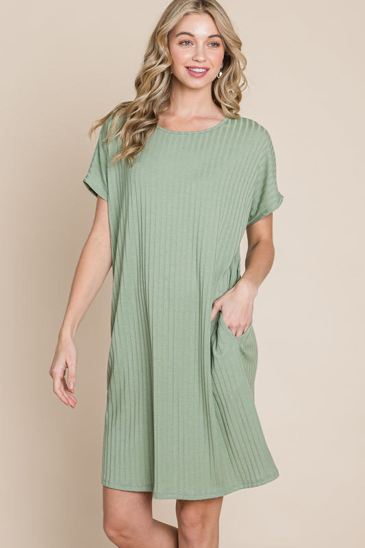 Ribbed Round Neck Short Sleeve Dress