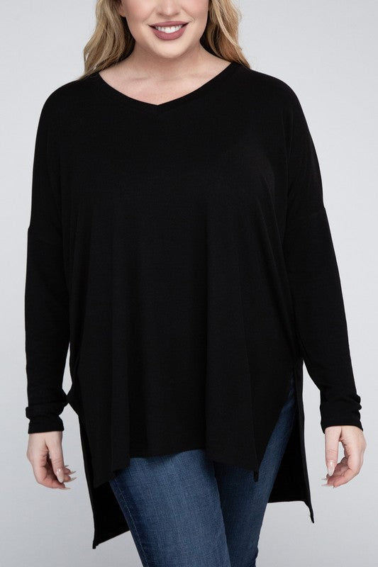 Plus Dolman Sleeve V-Neck Side Slit Hi-Low Hem Top