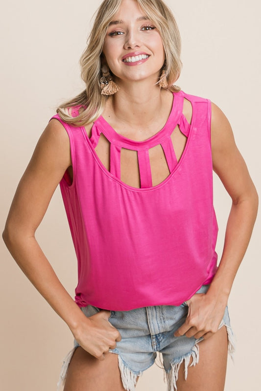 Cutout Round Neck Sleeveless Top