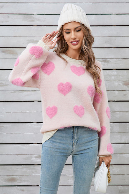 Heart Dropped Shoulder Long Sleeve Sweater