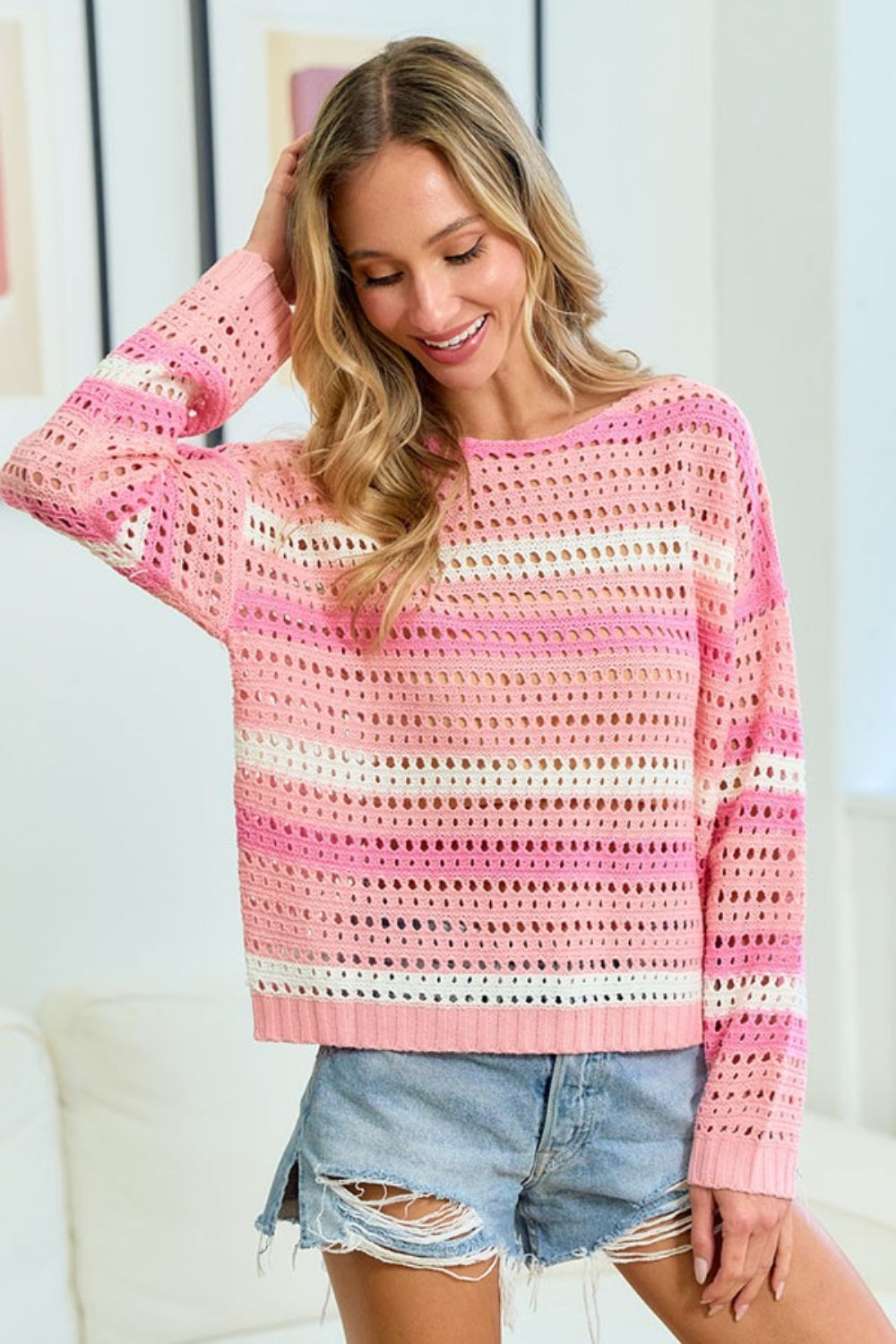 Striped Long Sleeve Openwork Knit Top