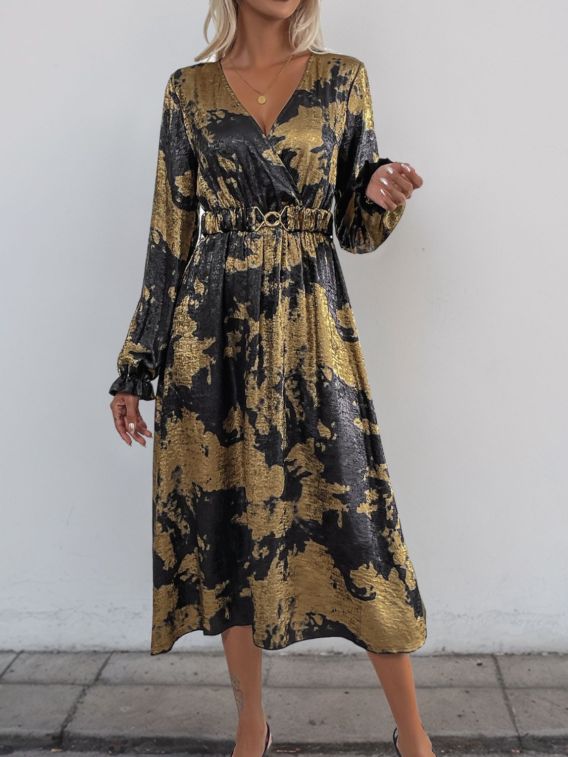 Printed Surplice Long Sleeve Midi Dress