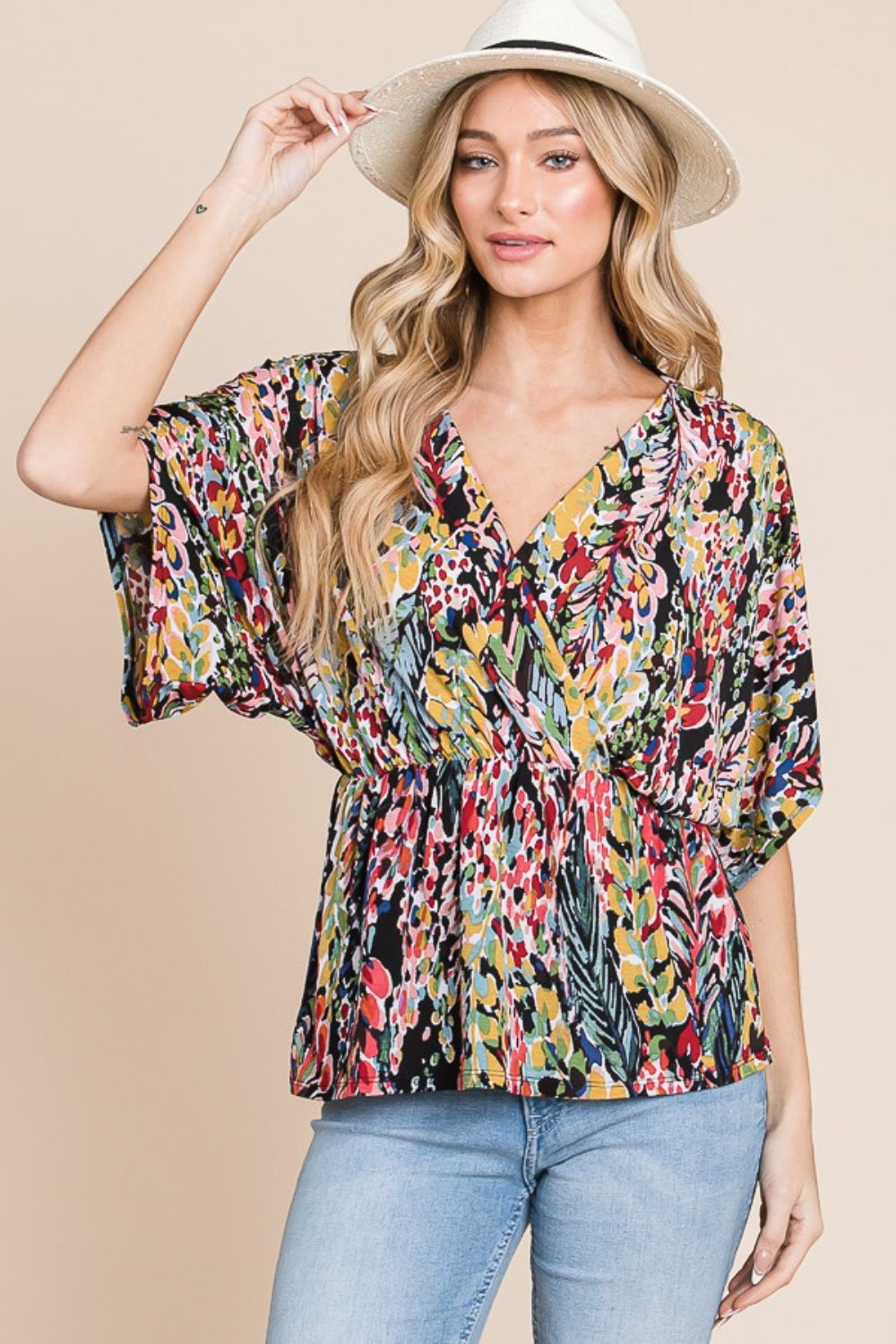 Printed Surplice Peplum Blouse