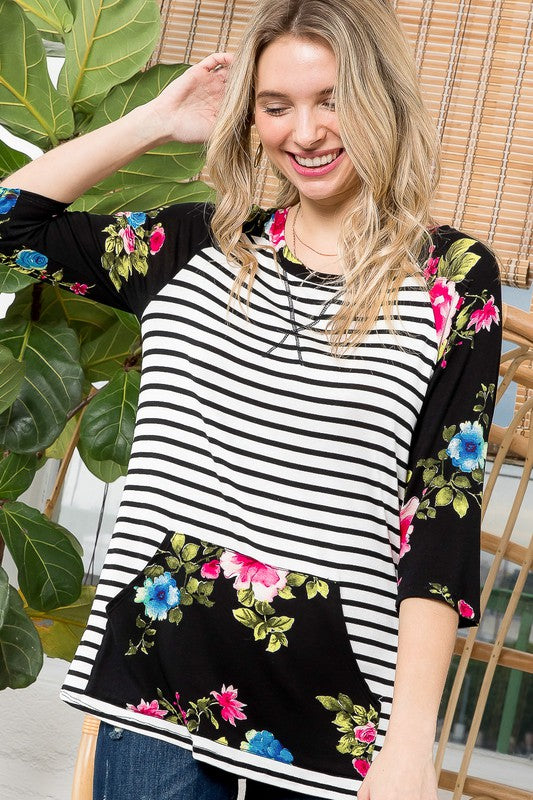 FLORAL STRIPE MIXED SWEATSHIRTS TOP