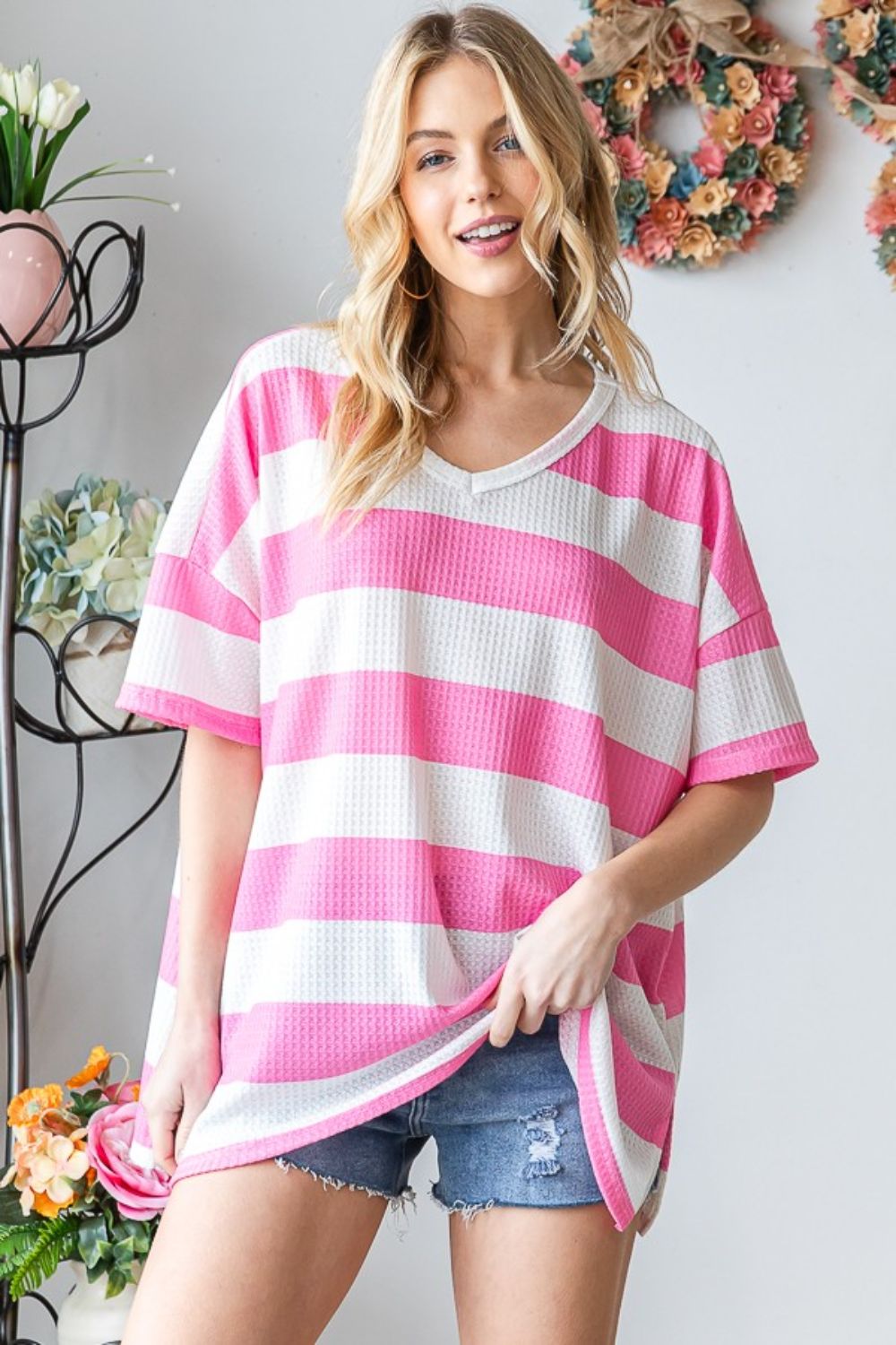 Striped Waffle Oversized T-Shirt