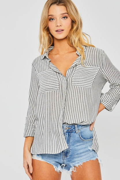 Striped Collared Neck Long Sleeve Shirt