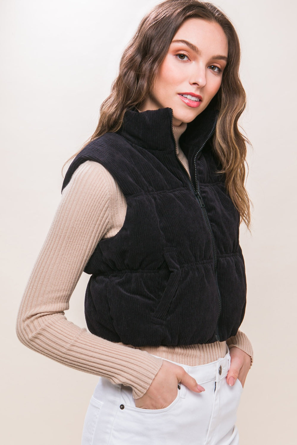 Corduroy Zip Up Puffer Vest with Pockets