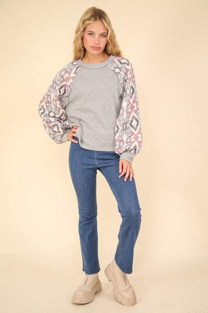 Printed Long Sleeve Round Neck Knit Top