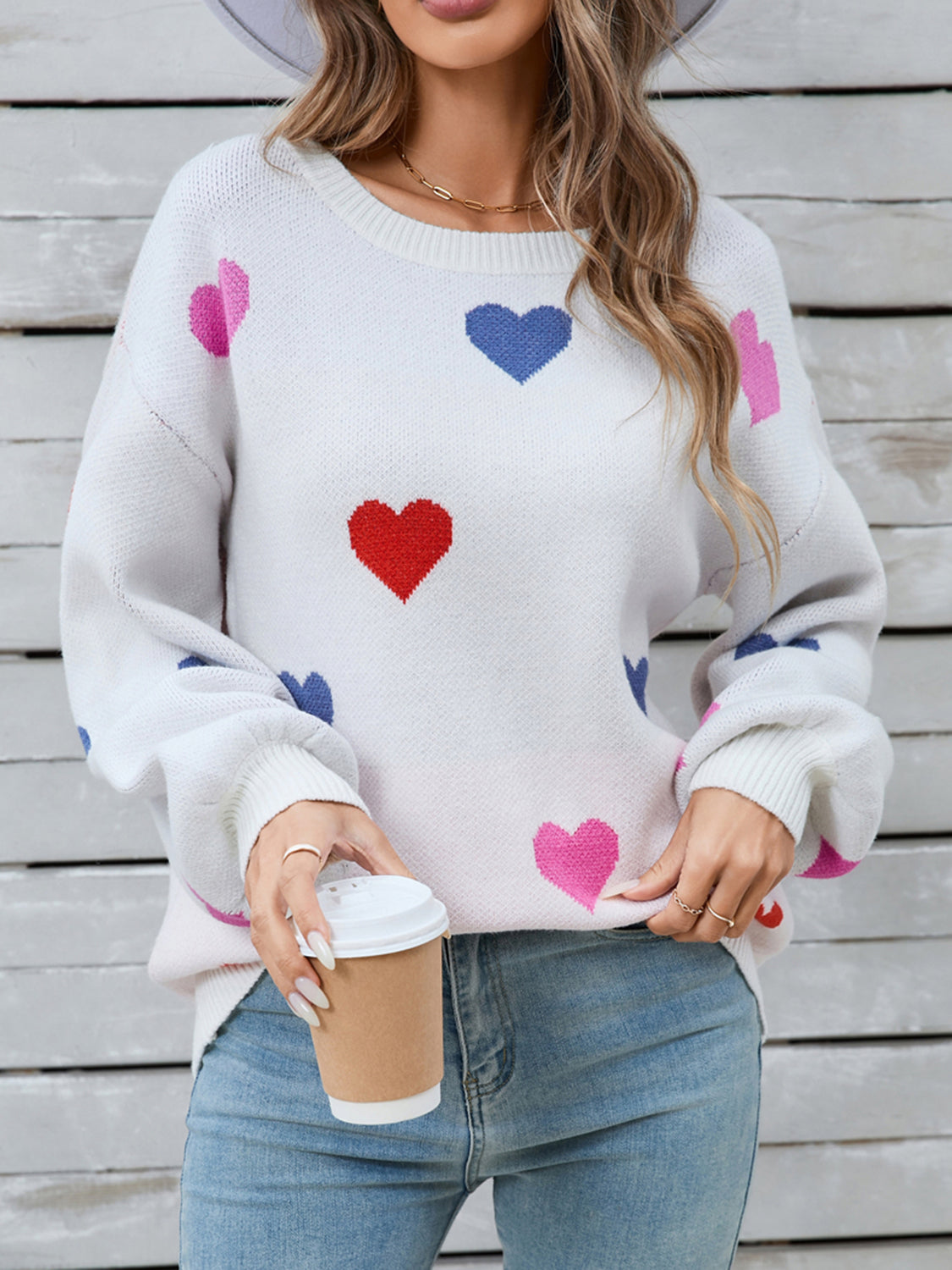 Heart Round Neck Long Sleeve Sweater