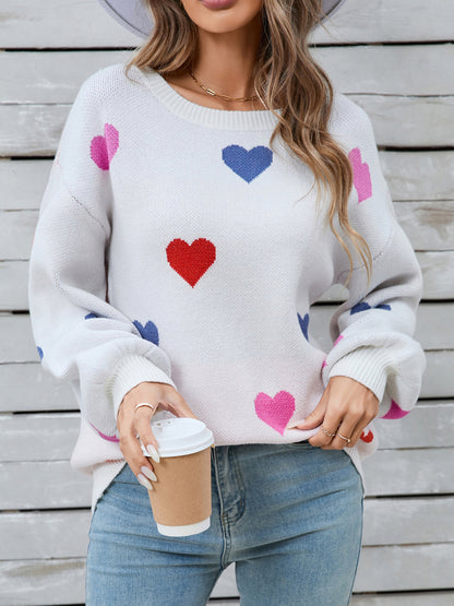 Heart Round Neck Long Sleeve Sweater