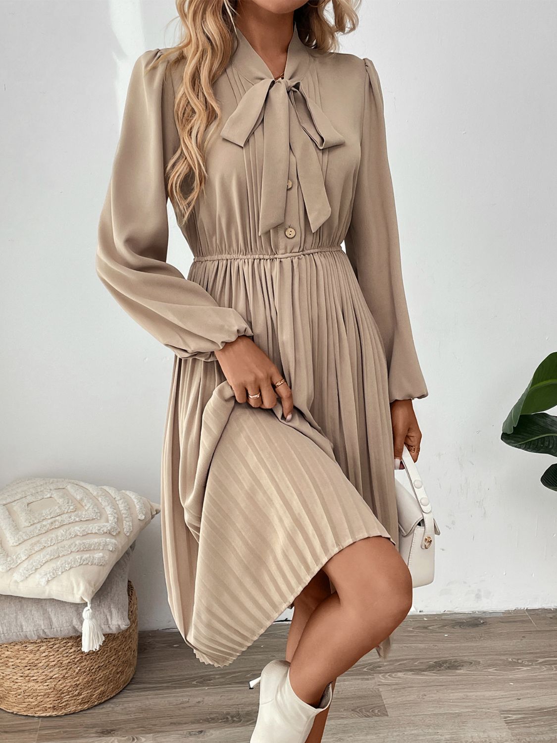 Pleated Tie Neck Long Sleeve Dress