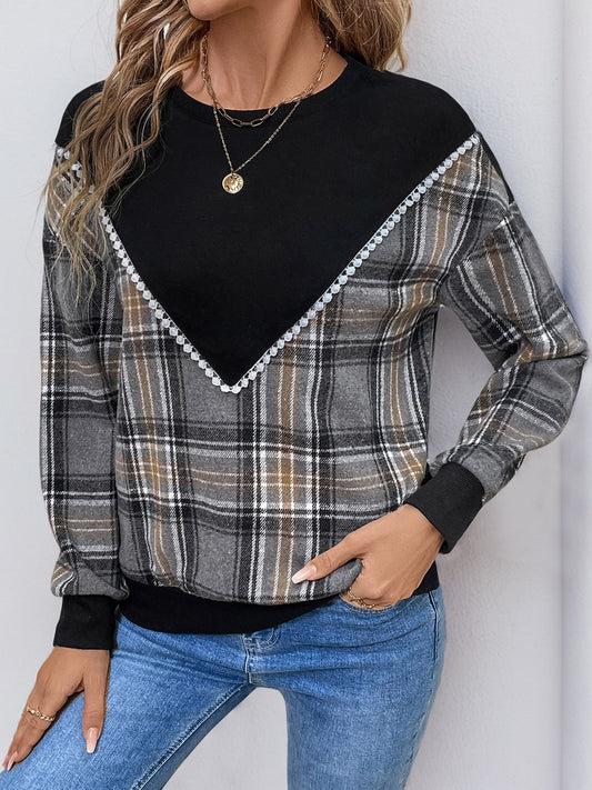 Plaid Round Neck Long Sleeve Sweatshirt