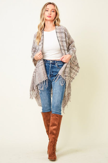 MULTI PLAID FRINGE PONCHO SHAWL