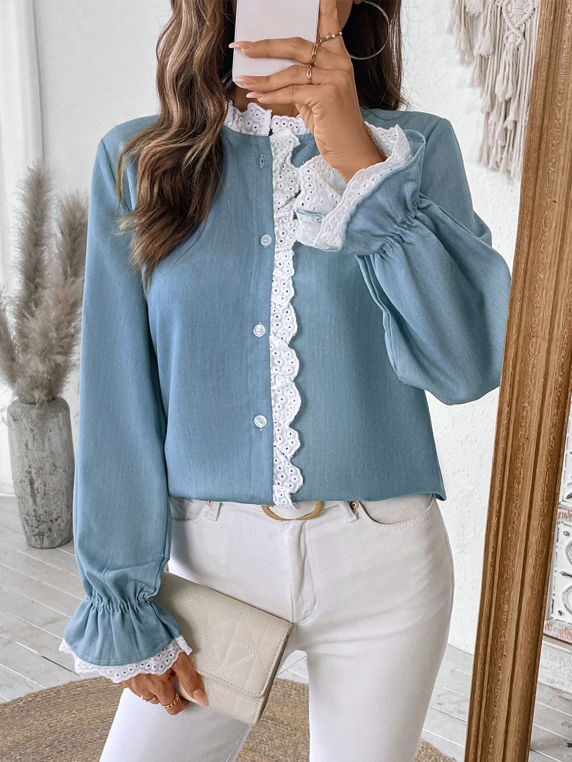 Lace Detail Button Down Long Sleeve Shirt