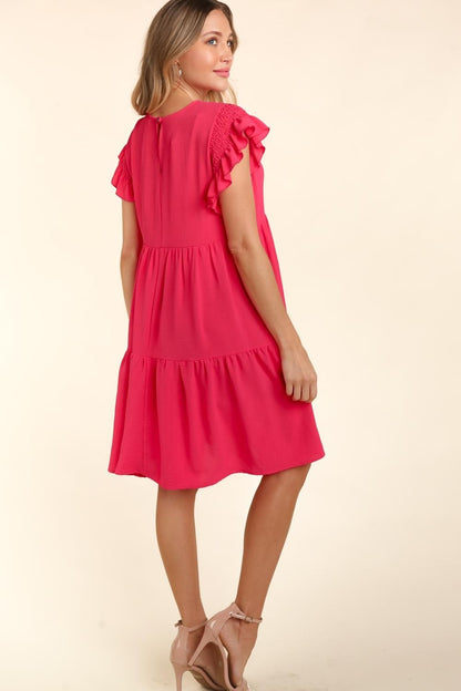 Smocking Ruffle Short Sleeve Dress with Pockets