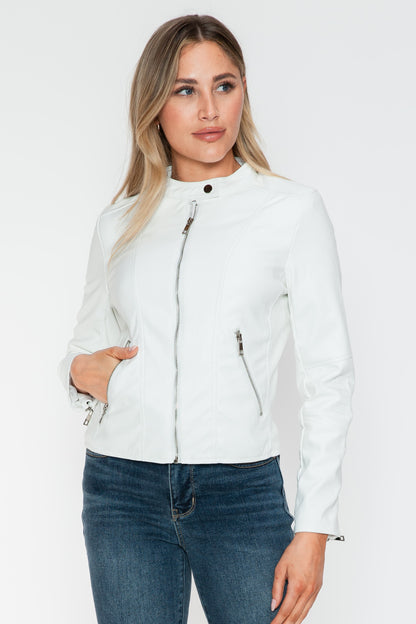 PU Leather Zip Up Jacket with Pockets