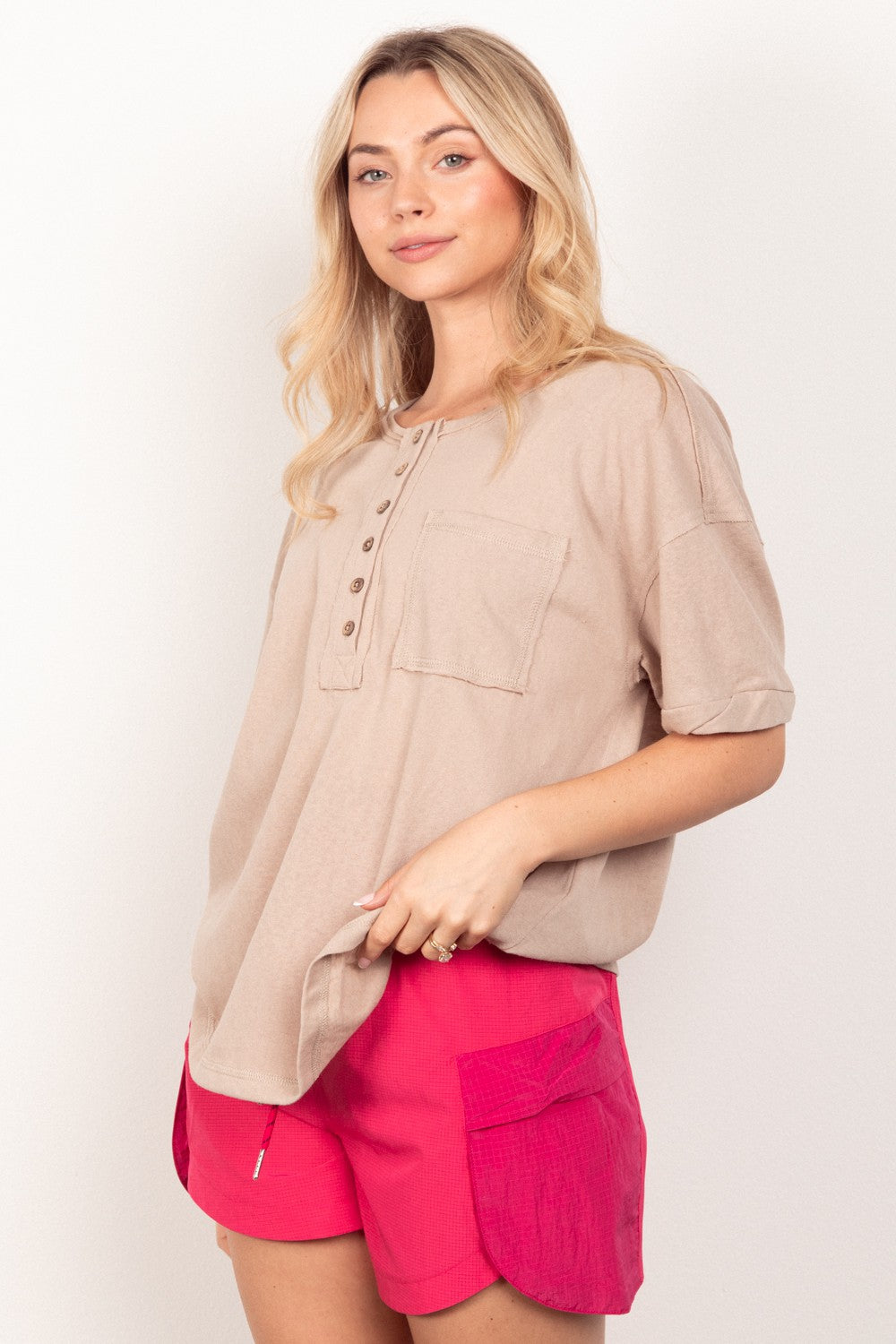 Twisted Sleeve Band Half Button Top