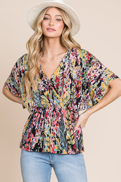 Printed Surplice Peplum Blouse