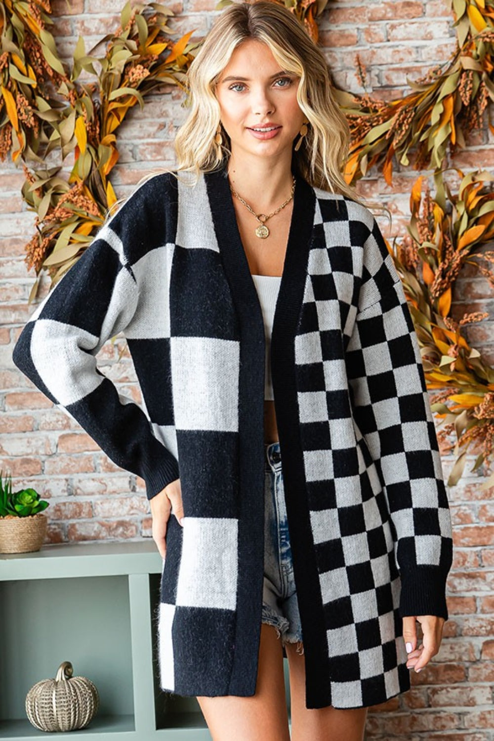 Checkered Open Front Long Sleeve Cardigan