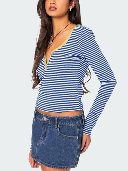 Buttoned Striped Long Sleeve T-Shirt