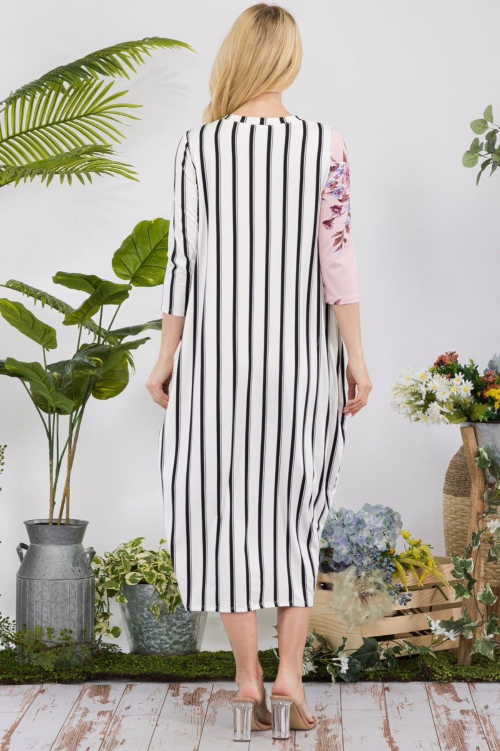 Floral Striped Contrast Midi-Dress with Pockets