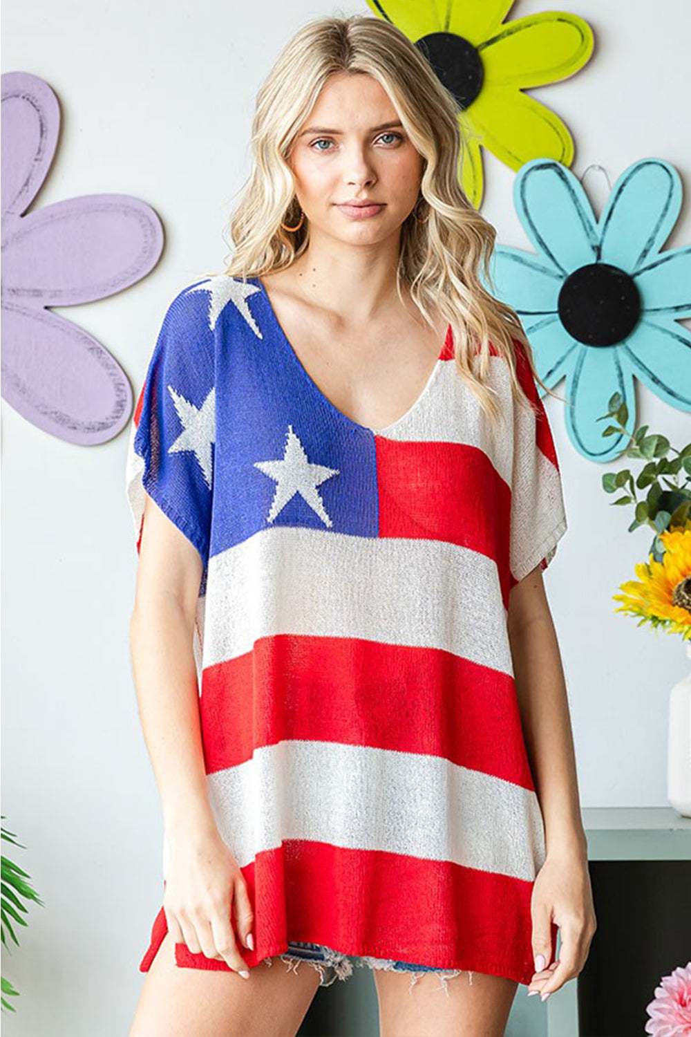 USA Flag Drop Shoulder Knit Top