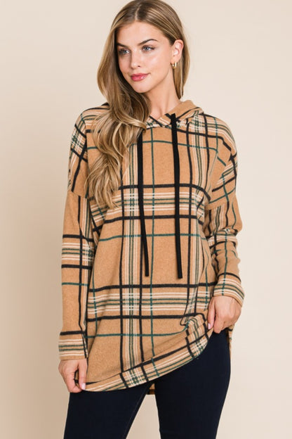 Drawstring Plaid Long Sleeve Hoodie