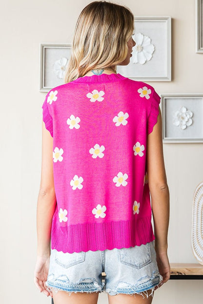 Flower Pattern Round Neck Sweater Vest