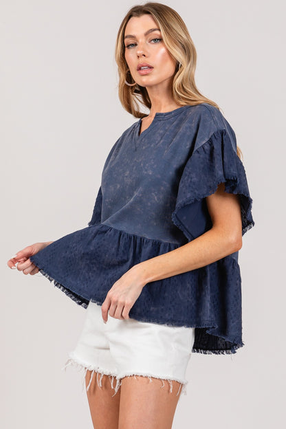 Ruffle Sleeve Washed Short Sleeve Blouse