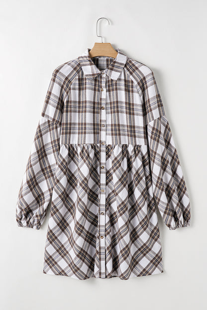 Plaid Collared Neck Balloon Sleeve Mini Shirt Dress