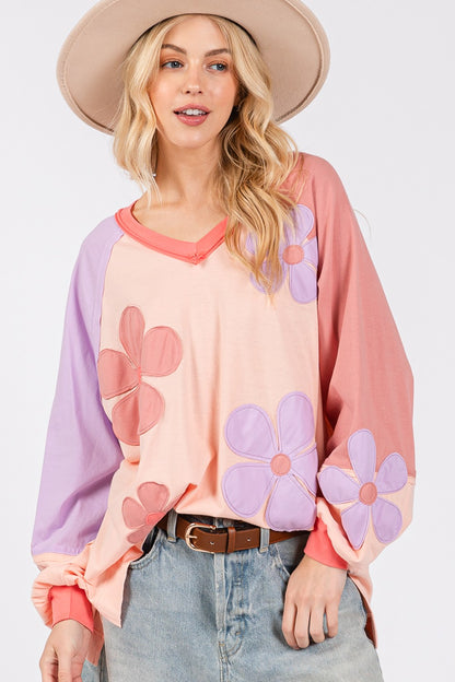 Daisy Applique Patch Color Block Long Sleeve Top