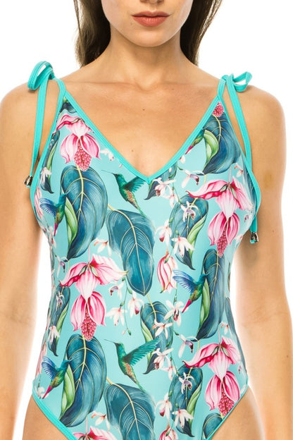 ONE PIECE BATHING SUIT FLORAL PRINT SHOULER TOP TIE