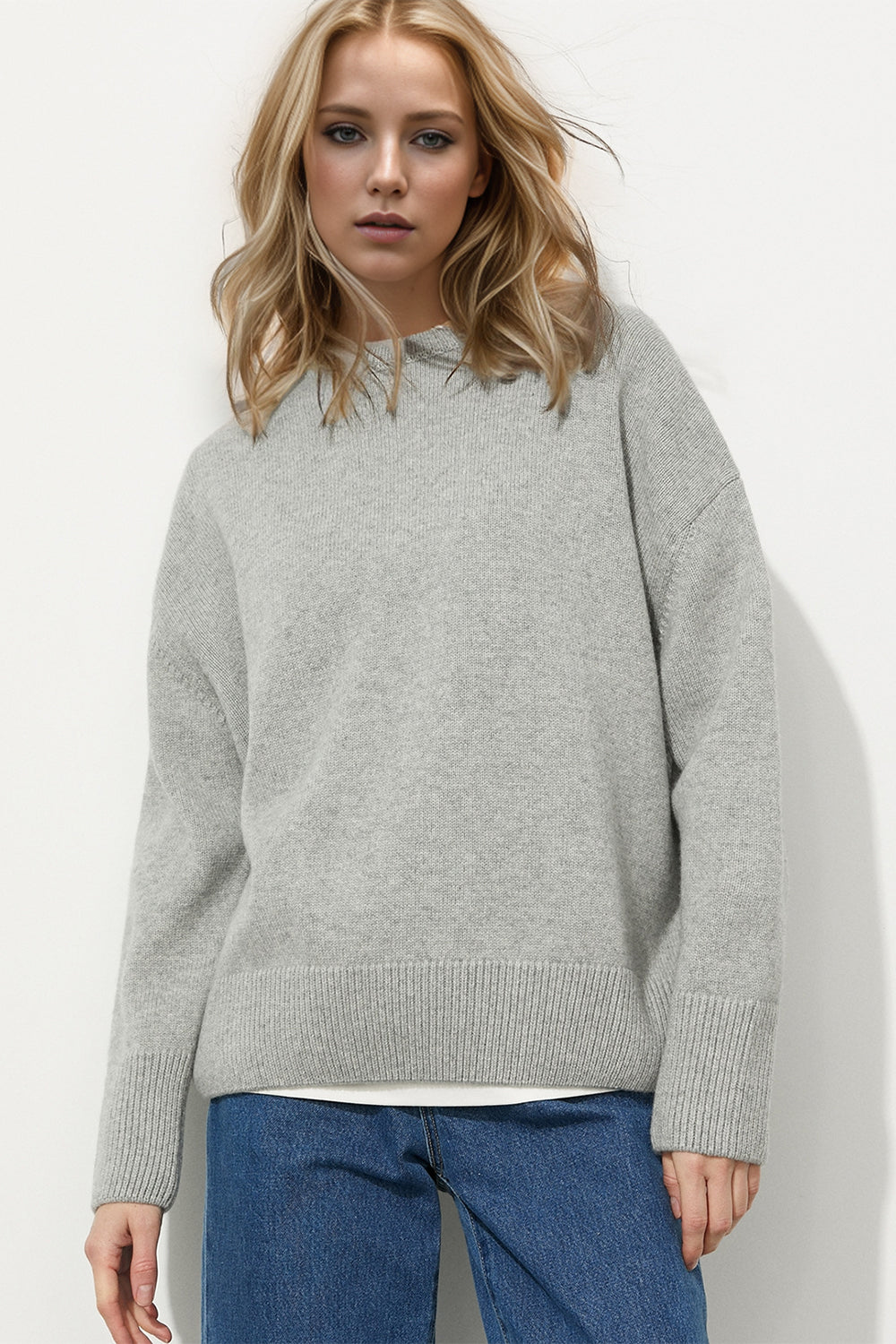 Round Neck Dropped Shoulder Long Sleeve Sweater