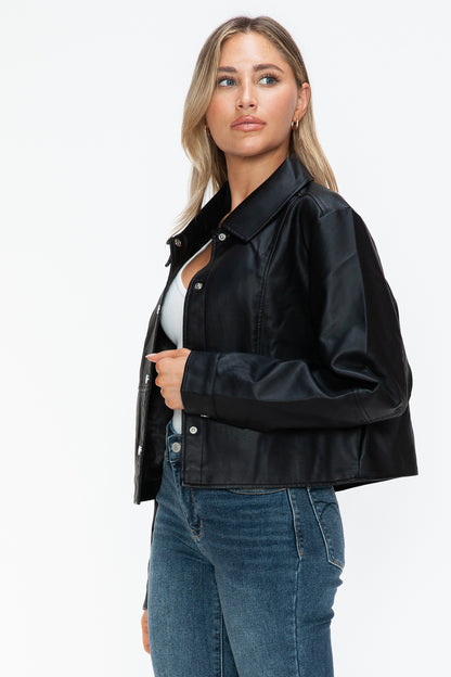 Snap Down Long Sleeve PU Leather Jacket