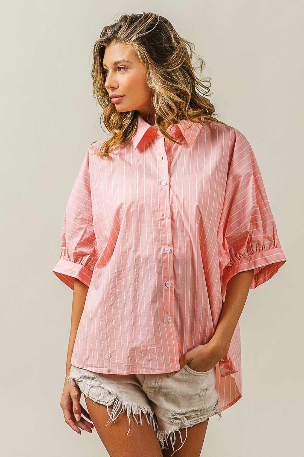 Button Up Striped Dolman Sleeve Shirt