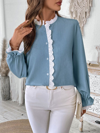 Lace Detail Button Down Long Sleeve Shirt