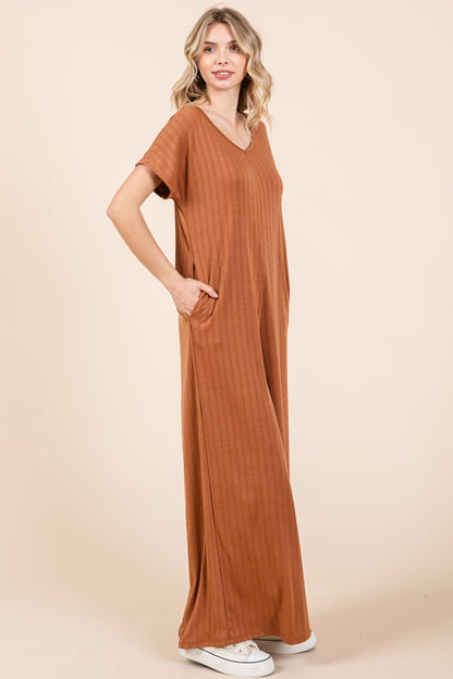 Ribbed Short Sleeve Wide Leg Jumpsuit