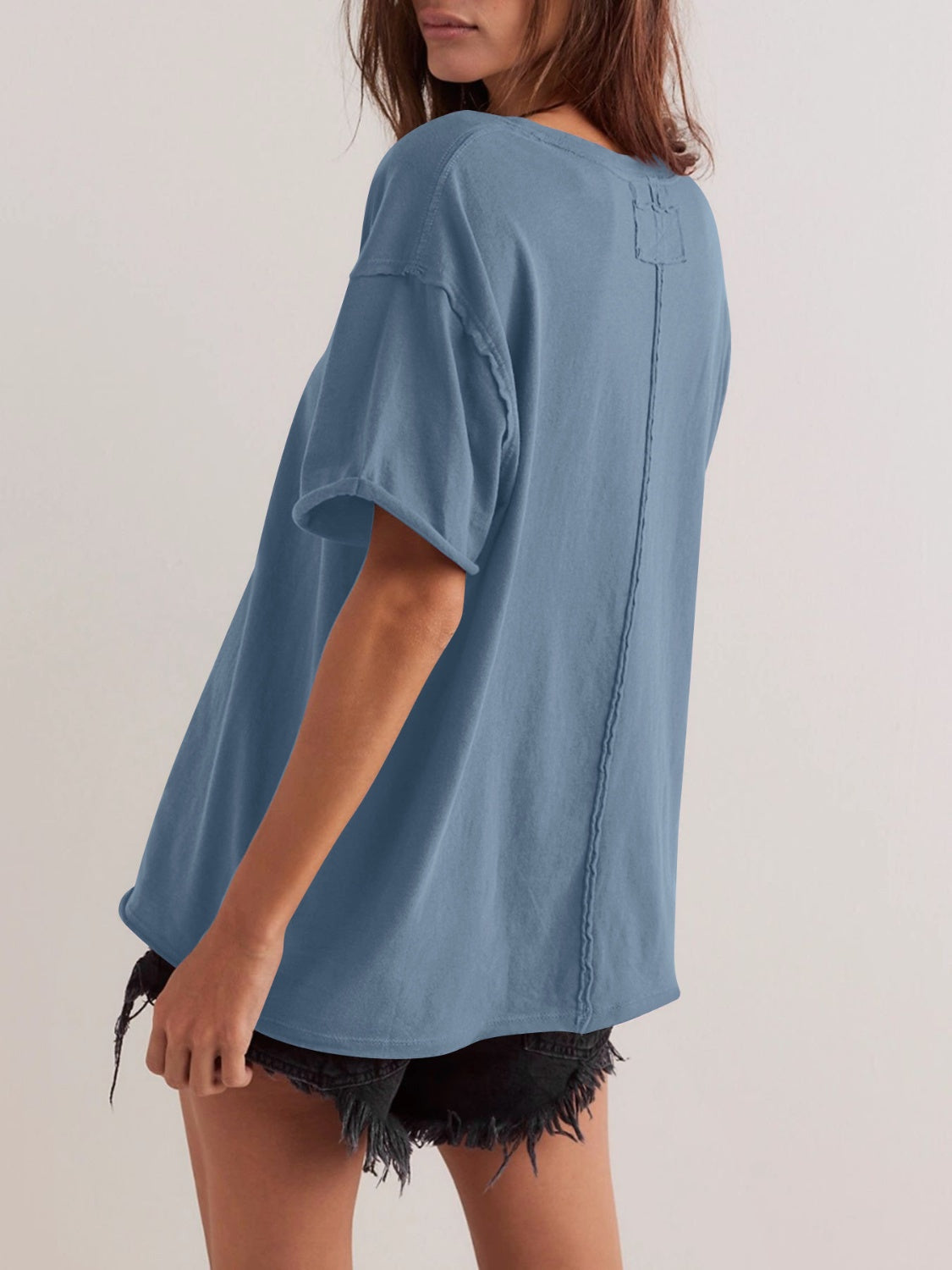 Exposed Seam Round Neck Half Sleeve T-Shirt