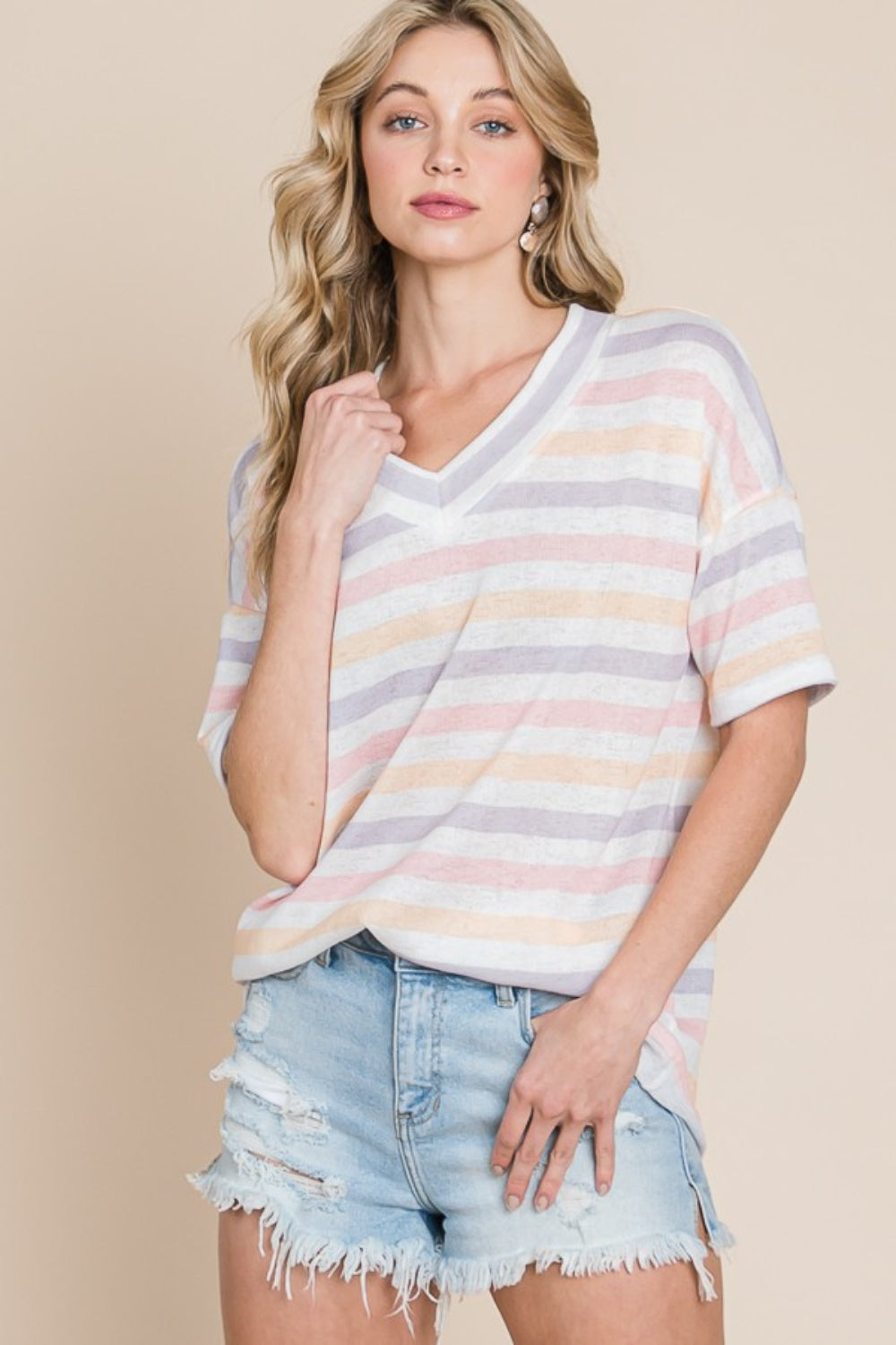 Striped V-Neck Short Sleeve T-Shirt