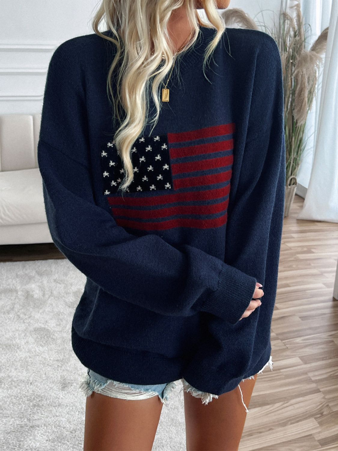 US Flag Round Neck Long Sleeve Knit Top