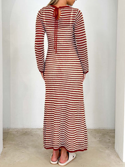 Tied Round Neck Striped Sweater Dress