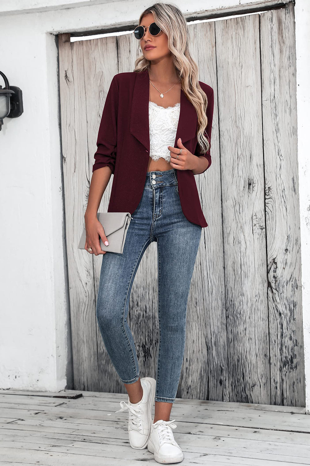 One Button Collared Neck Ruched Sleeve Blazer