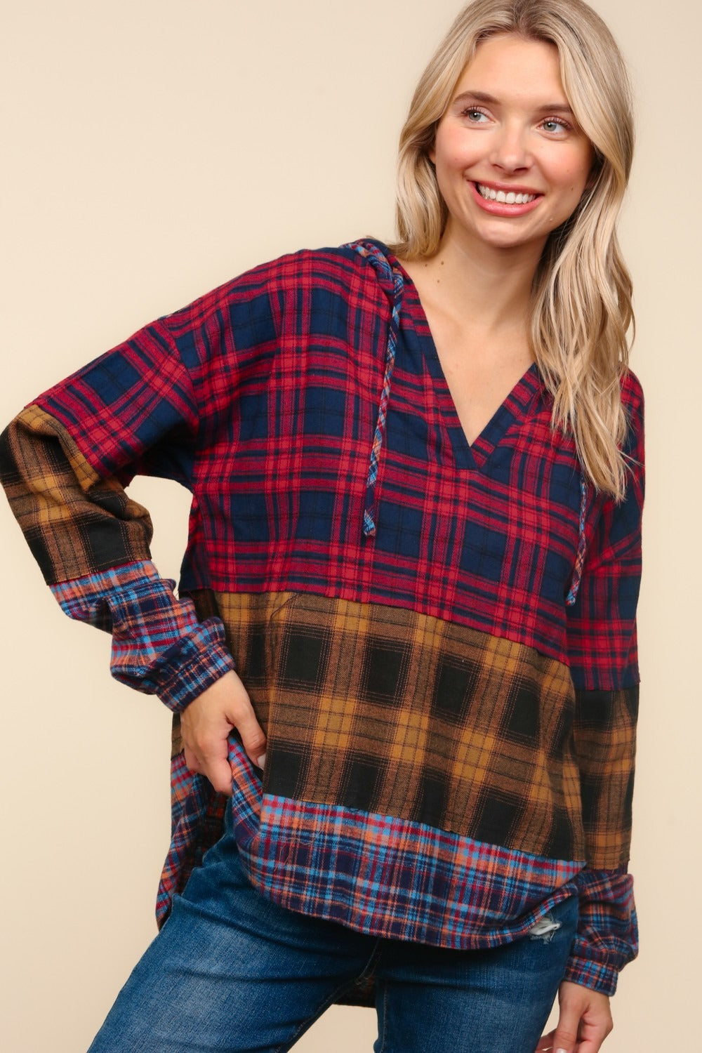 Plaid Edge Cut Detail Hooded Top