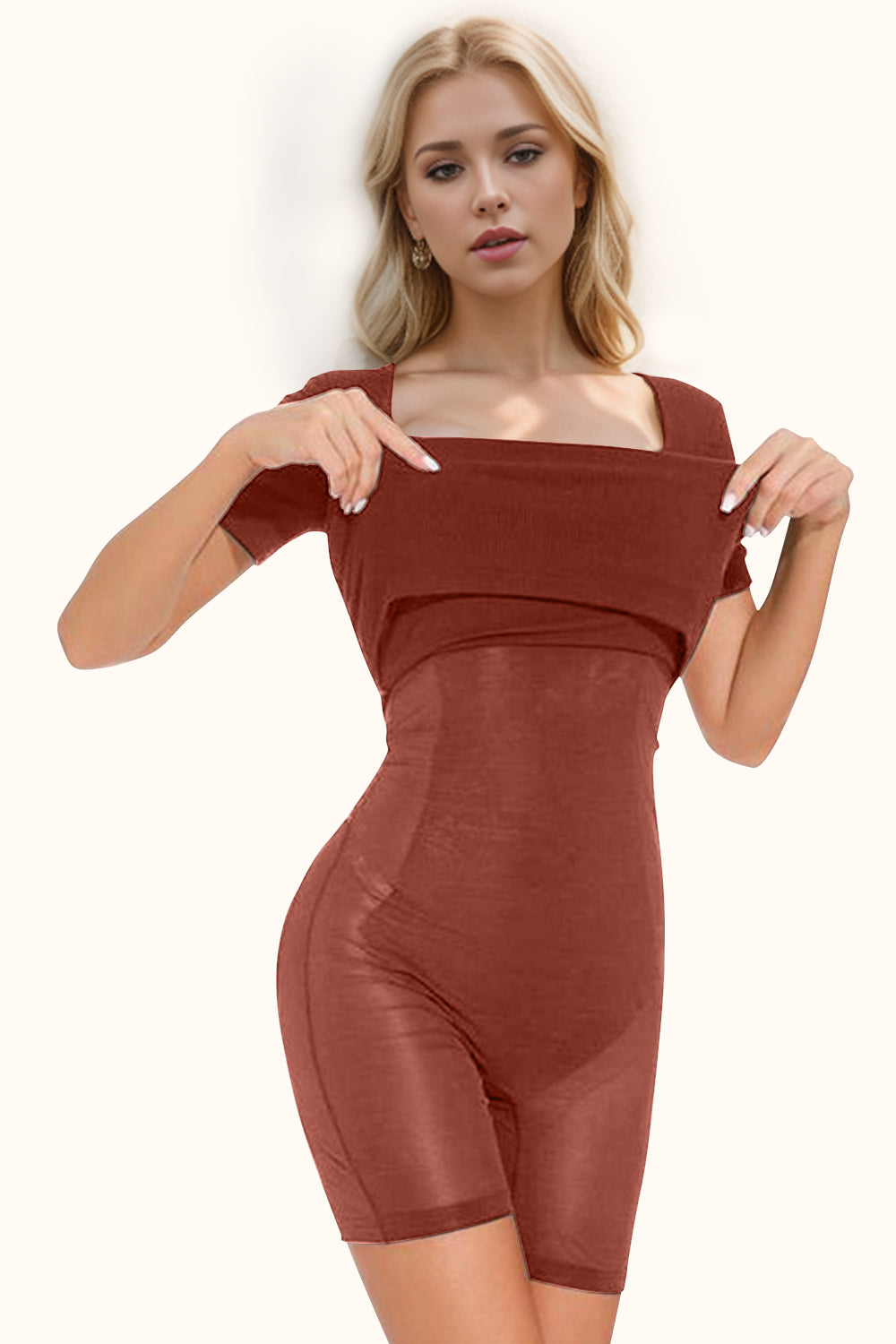 Built-In Shapewear Square Neck Short Sleeve Dress