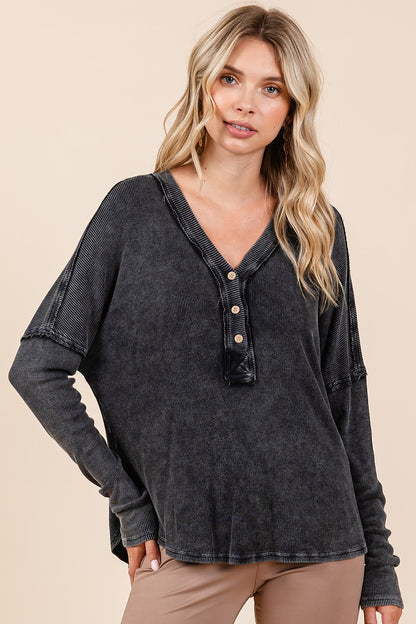 Washed V-Neck Long Sleeve Blouse