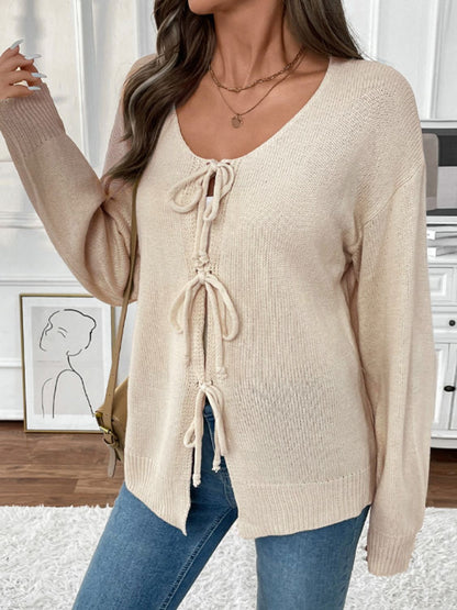 Tied Round Neck Long Sleeve Cardigan